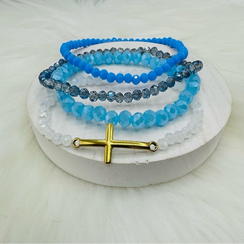 Stainless Steel Cross beaded Arm Candy Bracelet - Blue Sky Theme - Picture 6 of 8